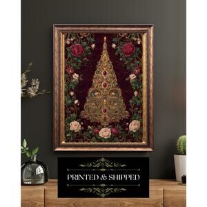 Vintage Victorian Jeweled Christmas Tree Print Ornate Baroque Holiday Wall Art